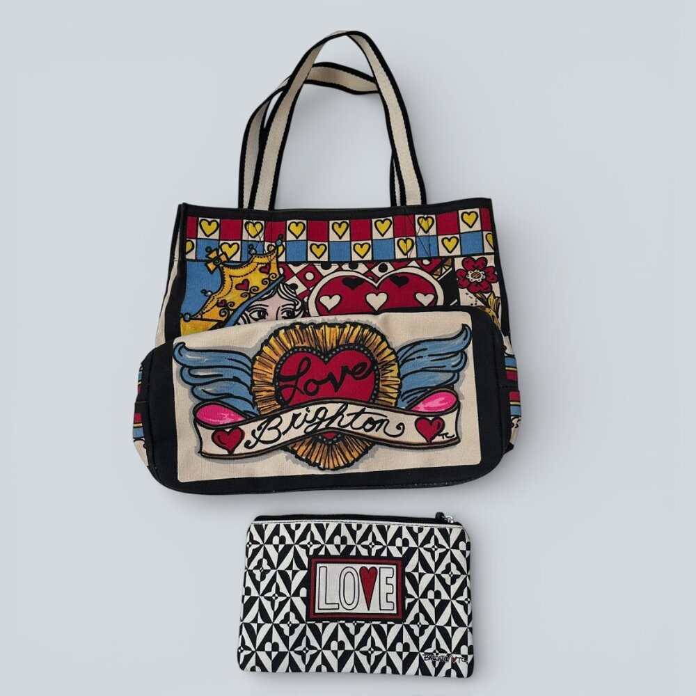 Set of BRIGHTON Canvas QUEEN OF LOVE Tote PLUS Zippered LOVE Pouch New - Picture 2 of 6